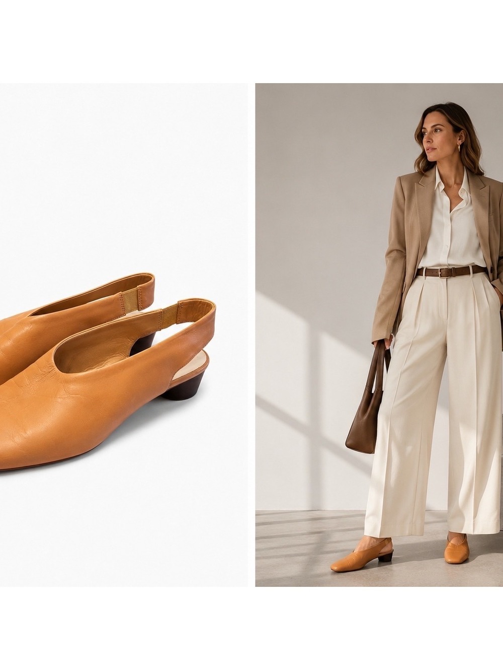 Everlane Made in Italy Leather Slingback Flats Camel Tan Size 11 Quiet Luxury